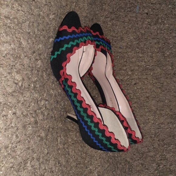 KATE SPADE-Saranne-d'Orsay Peep Toe-Black w/Red Green Blue Rick Rack-Sz 5.5-NM - Picture 2 of 7